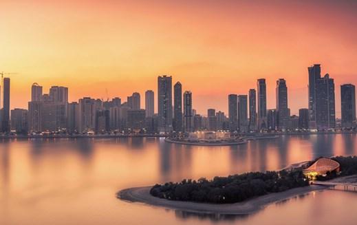 View of a city at sunset